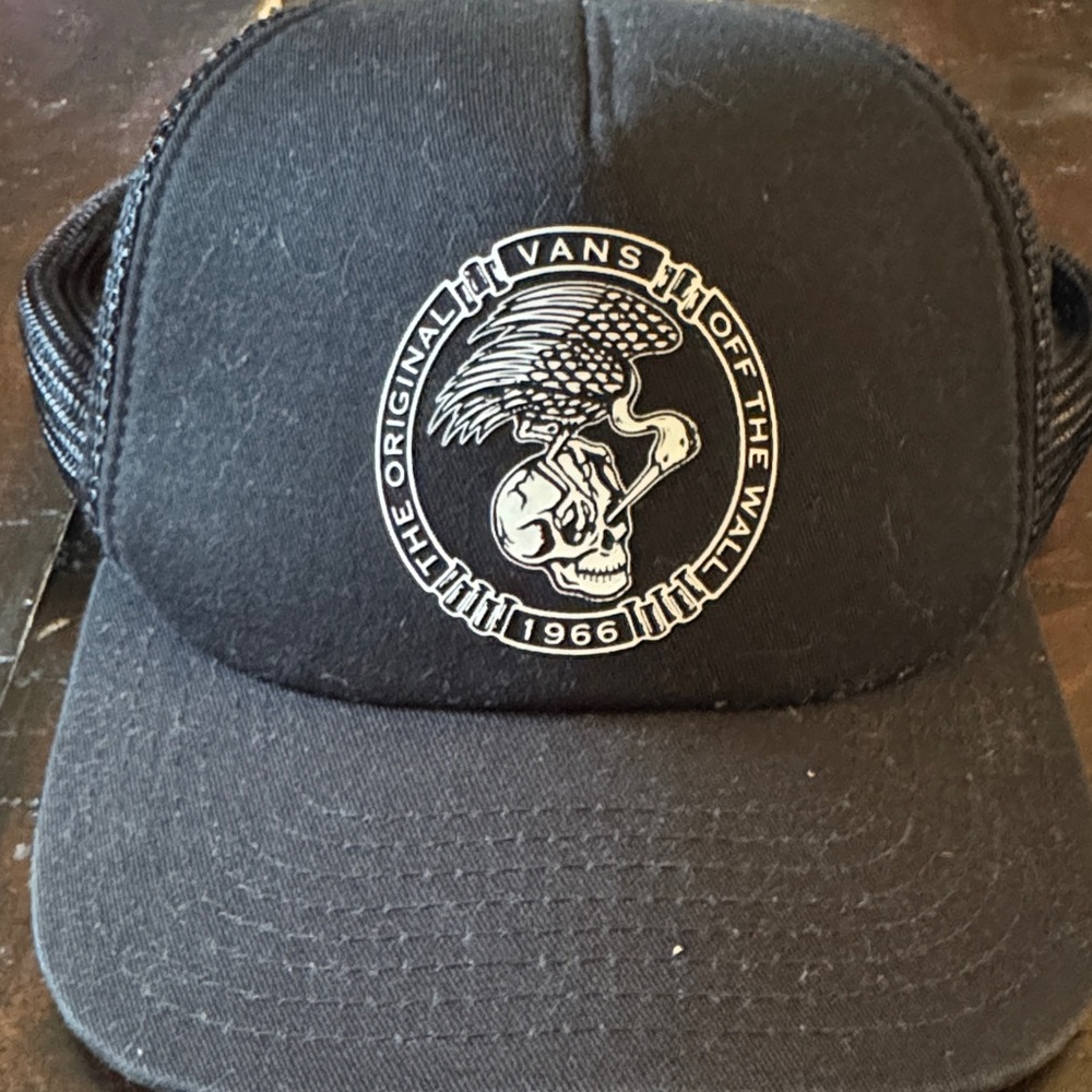 Vans Black Trucker Hat with Skull & Eagle Emblem